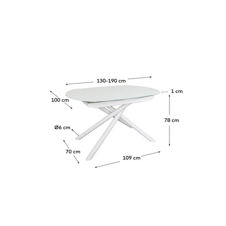 Yodalia Ausziehtisch aus getempertem Glas und Stahlbeine mit weißem Finish 130(190)x100 cm - ZEN ZONE
