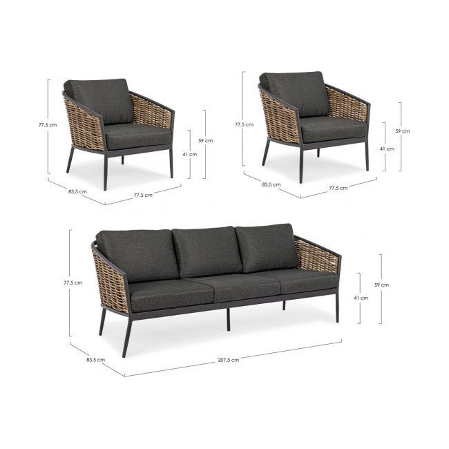 Outdoor Lounge 3er Set Maribela Anthrazit mit Kissen YK13 - ZEN ZONE