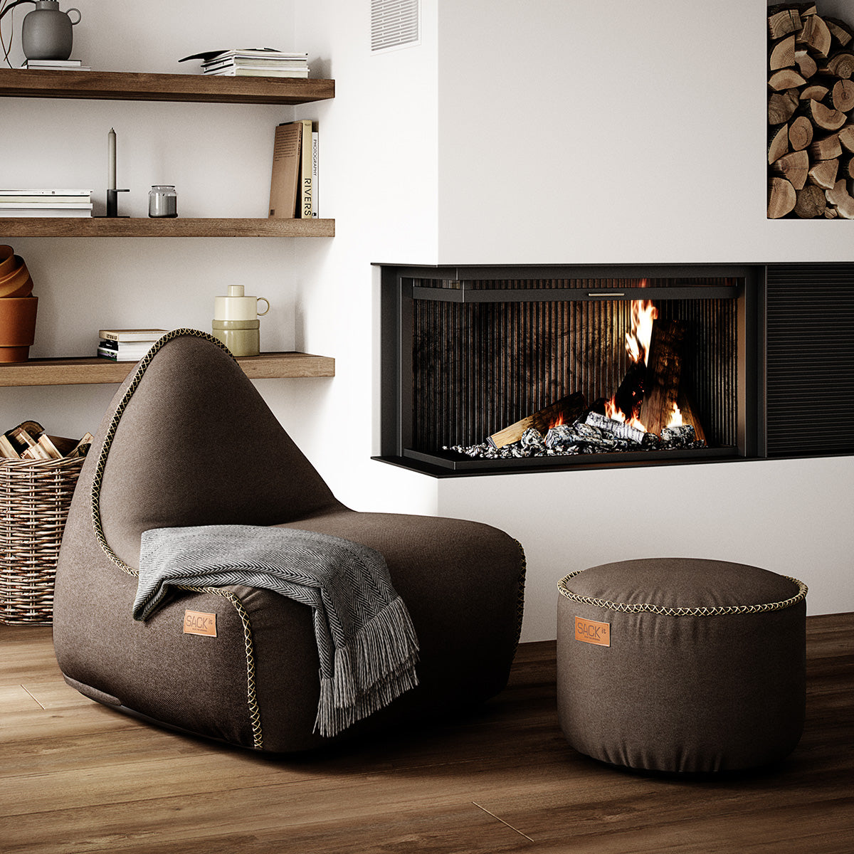 Canvas Lounge Chair Brown + Pouf - ZEN ZONE