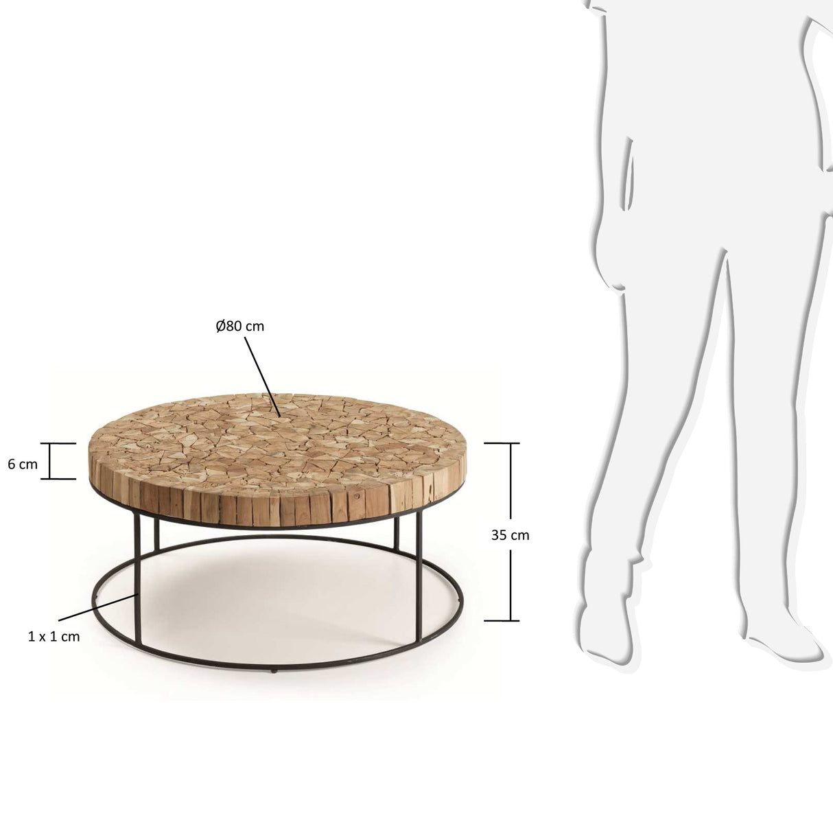 Solo Couchtisch aus massivem recyceltem Teakholz und Stahl schwarz lackiert Ø 80 cm - ZEN ZONE