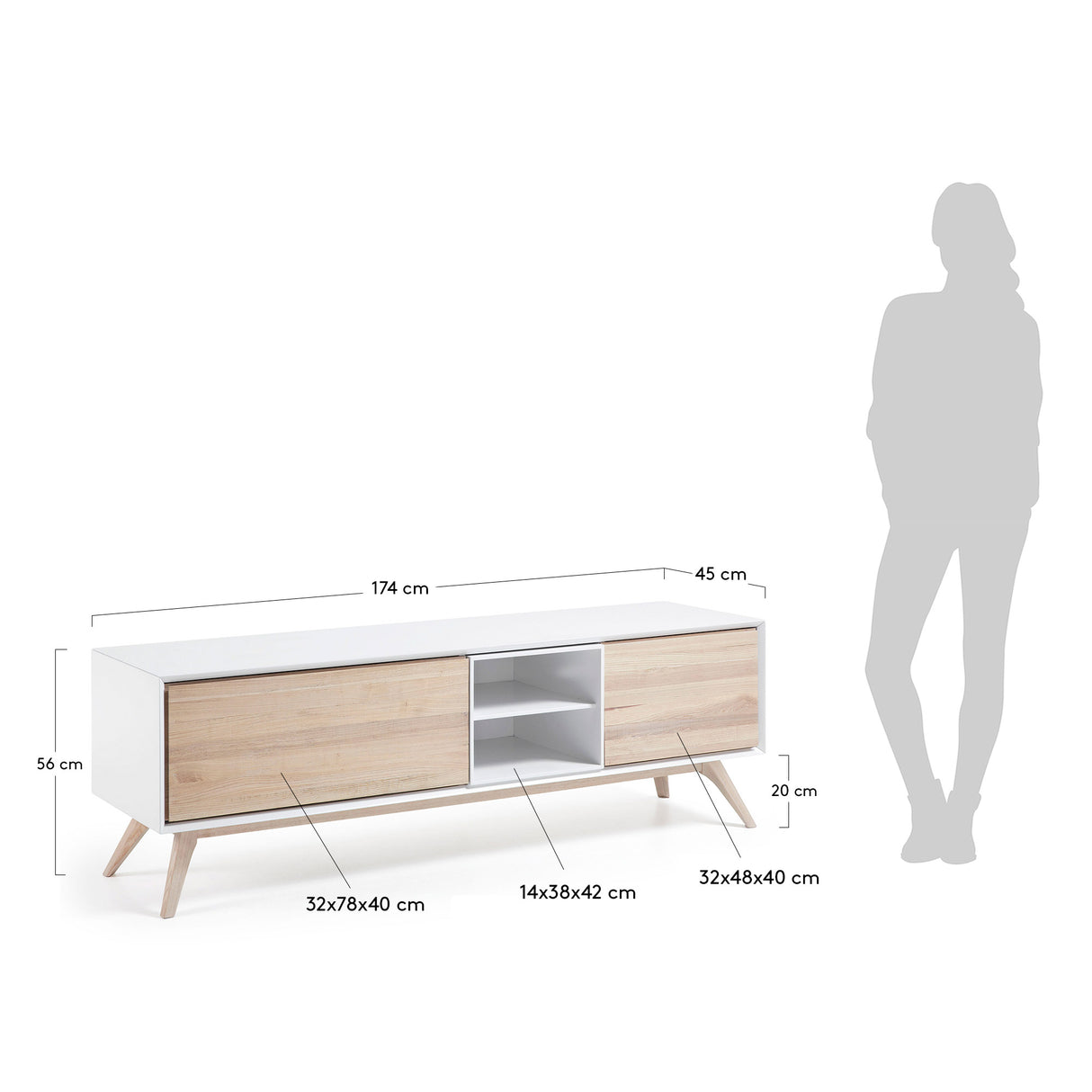 Eunice TV-Schrank 2 Türen aus Eschenfurnier und weißer Lackierung 174 x 56 cm - ZEN ZONE