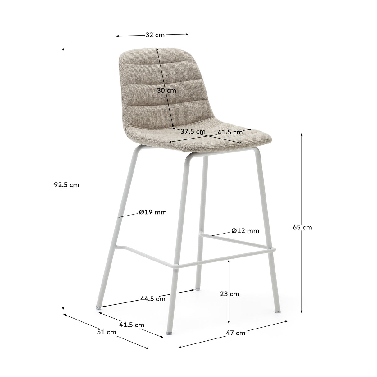 Zunilda Hocker aus beigefarbenem Chenille und Stahl mit mattweißem Finish Höhe 65cm FSC 100% - ZEN ZONE Furniture