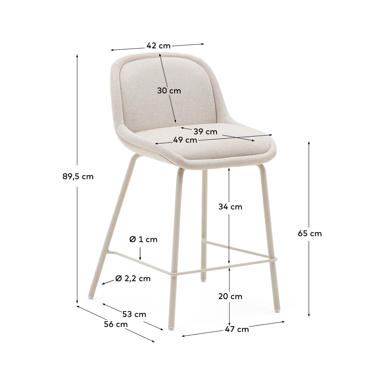 Aimin Hocker aus Chenille beige und Stahlbeine mit Lackfinish beige 65 cm FSC Mix Credit - ZEN ZONE Furniture