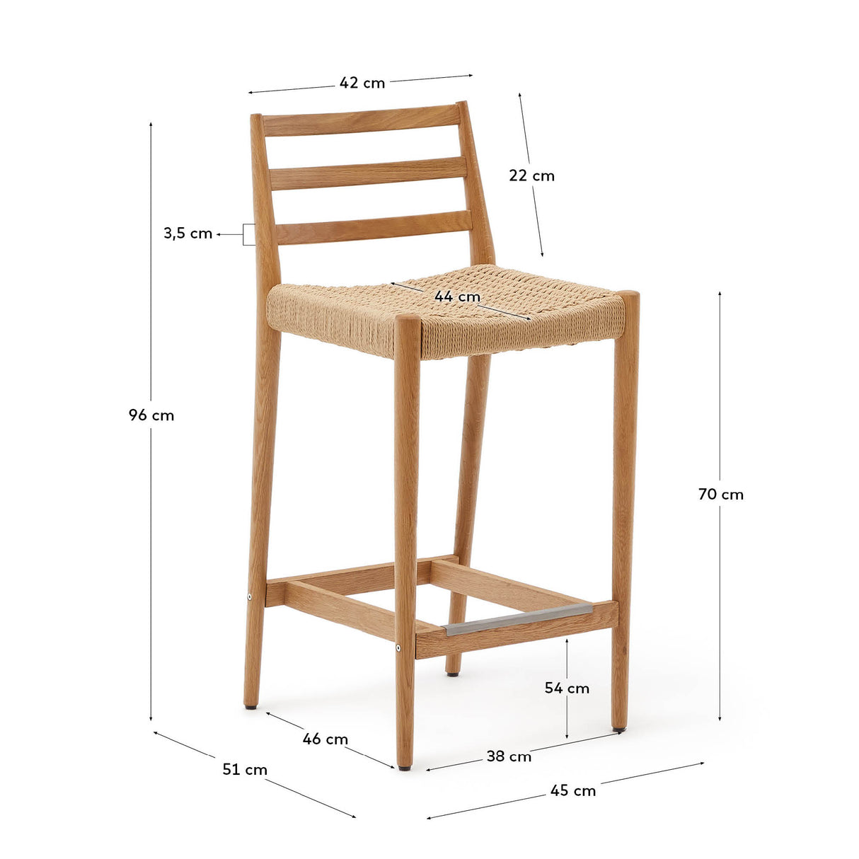 Analy Barhocker Rückenlehne massives Eichenholz mit naturfarbenem Finish und Seilsitzfläche 70 cm FSC 100% - ZEN ZONE Furniture