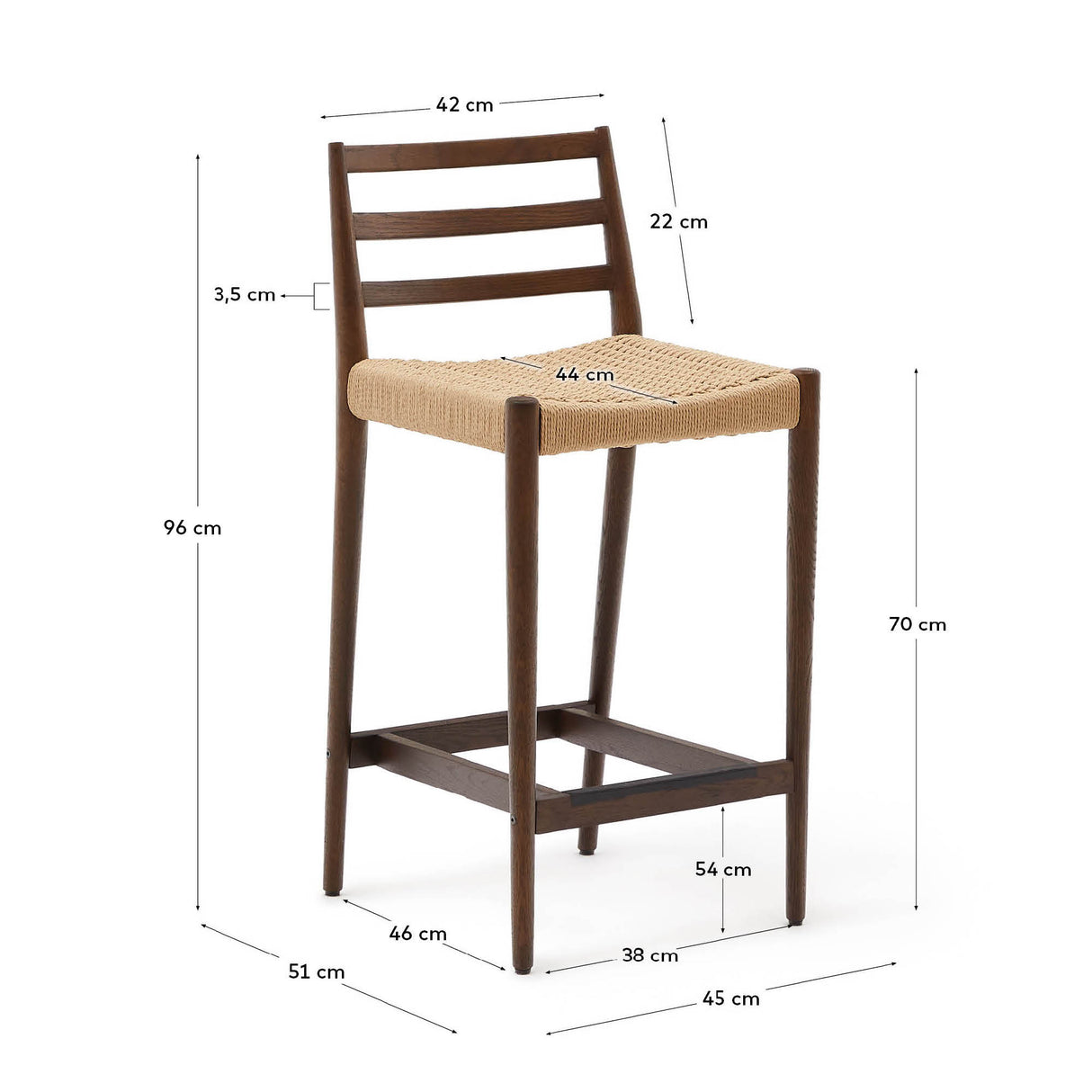 Analy Barhocker Rückenlehne massives Eichenholz mit Nussbaum-Finish und Seilsitzfläche 70 cm FSC 100% - ZEN ZONE Furniture