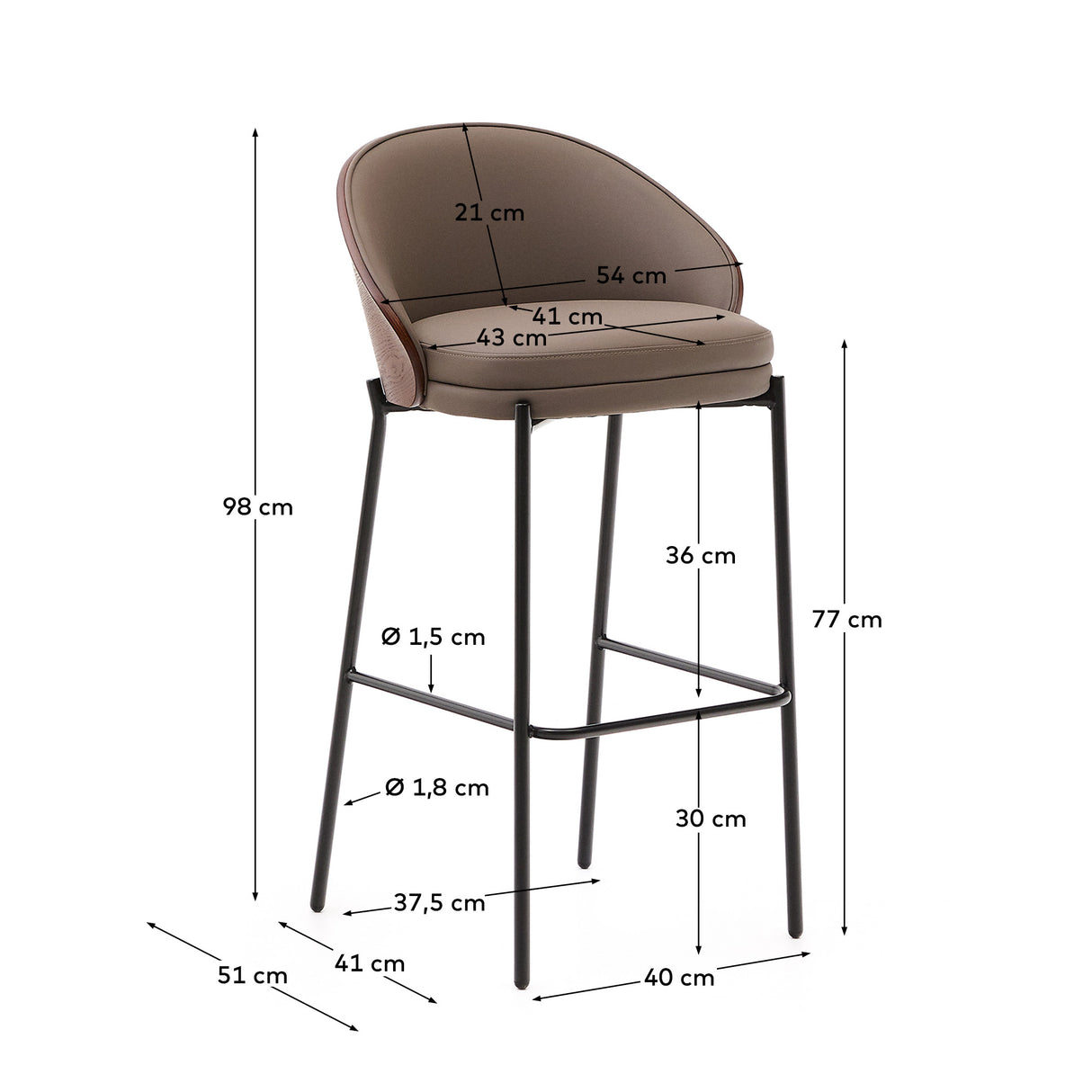 Eamy Hocker braunes Kunstleder, Eschenfurnier in Nussbaum-Finish mit Metall braun 77cm - ZEN ZONE Furniture