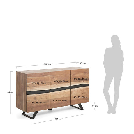 Uxia Sideboard 3 Türen aus massivem Akazienholz und Stahl in Schwarz 148 x 85 cm - ZEN ZONE