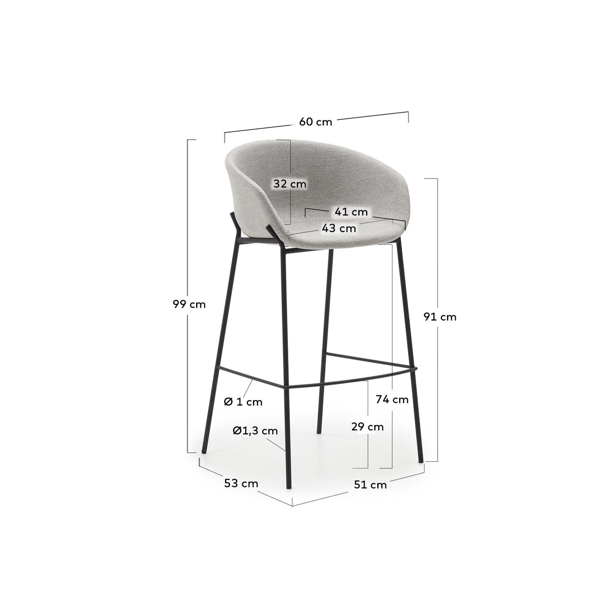 Yvette Hocker hellgrau und schwarzen Stahlbeinen  Höhe 75 cm - ZEN ZONE Furniture