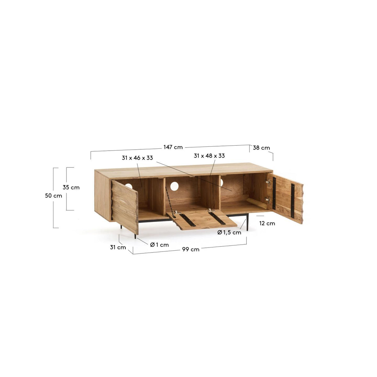 Delsie TV-Schrank 3 Türen aus massivem Akazienholz und Stahl in Schwarz 147 x 50 cm - ZEN ZONE