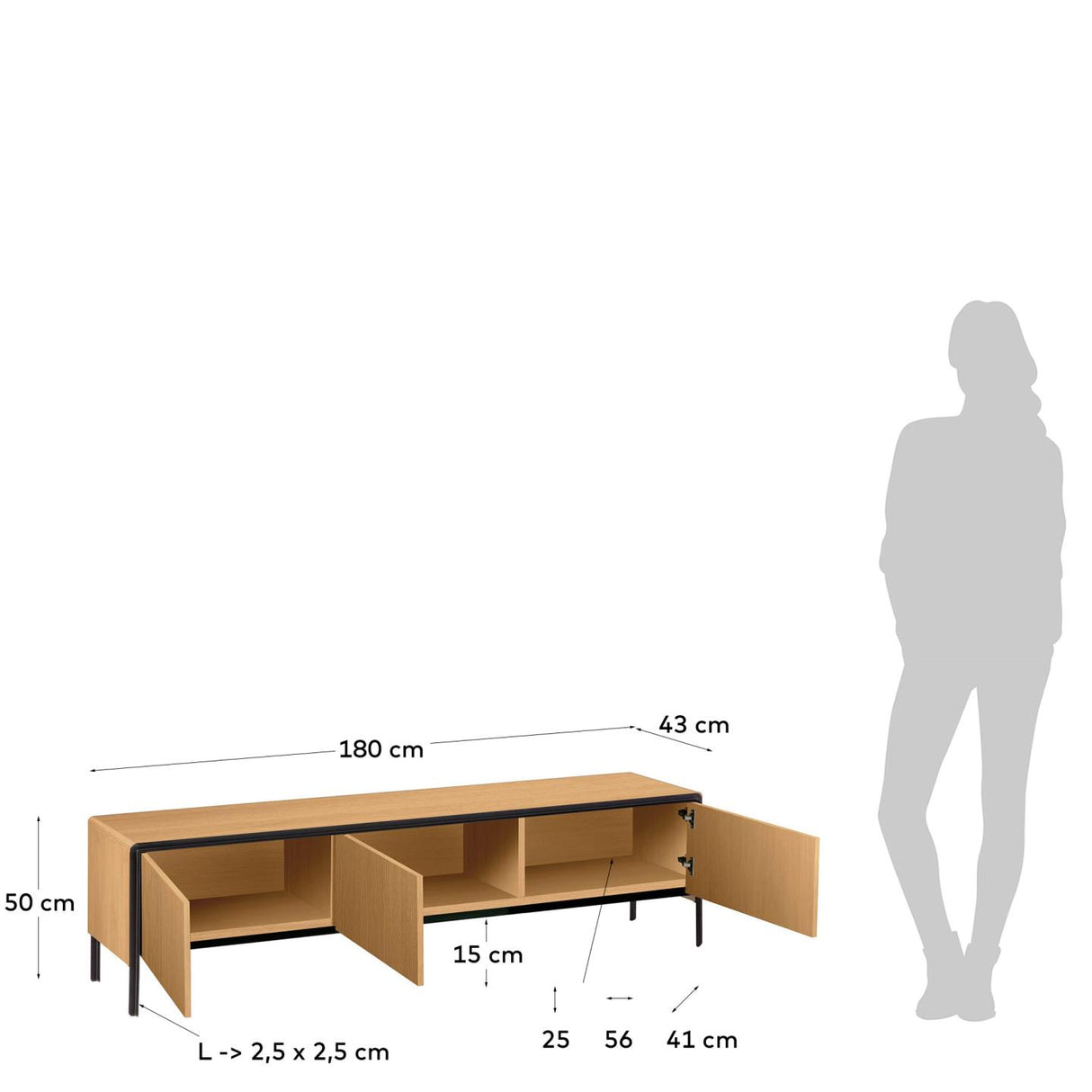 Nadyria TV-Schrank 3 Türen Eichenfurnier und Stahl mit schwarzem Finish 180 x 50 cm - ZEN ZONE