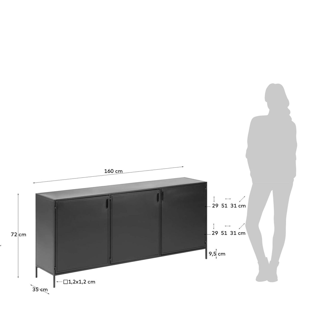 Shantay Sideboard 3 Türen aus Stahl mit Finish in Schwarz 160 x 72 cm - ZEN ZONE