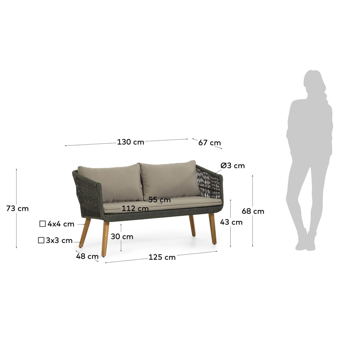 Inti Set 2-Sitzer Sofa und 2 Stühle mit grünem Seil FSC 100% - ZEN ZONE