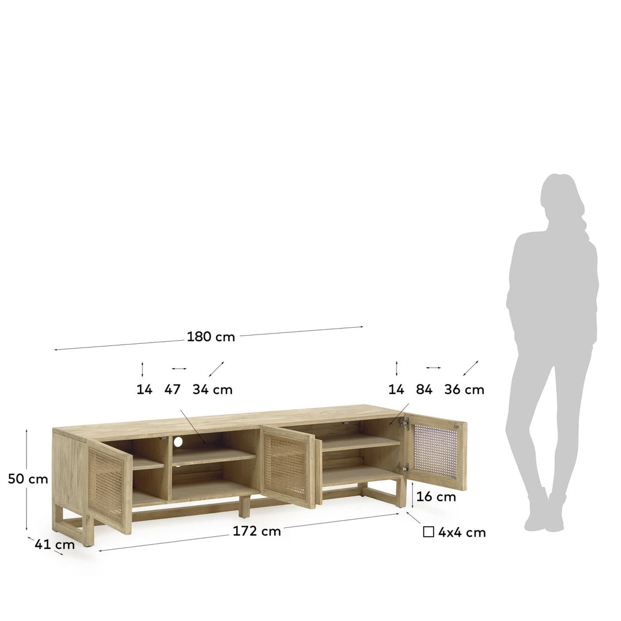 Rexit TV-Schrank 3 Türen aus massivem Mindiholz und Furnier mit Rattan 180 x 50 cm - ZEN ZONE