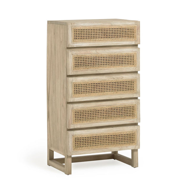 Rexit Kommode mit 5 Schubladen aus massivem Holz und Mindi Furnier mit Rattan 60 x 113 cm - ZEN ZONE