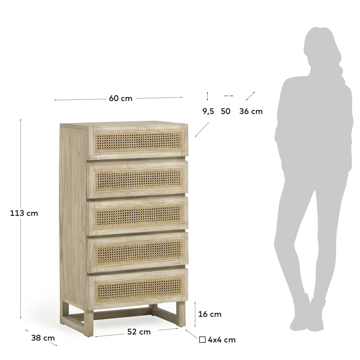 Rexit Kommode mit 5 Schubladen aus massivem Holz und Mindi Furnier mit Rattan 60 x 113 cm - ZEN ZONE