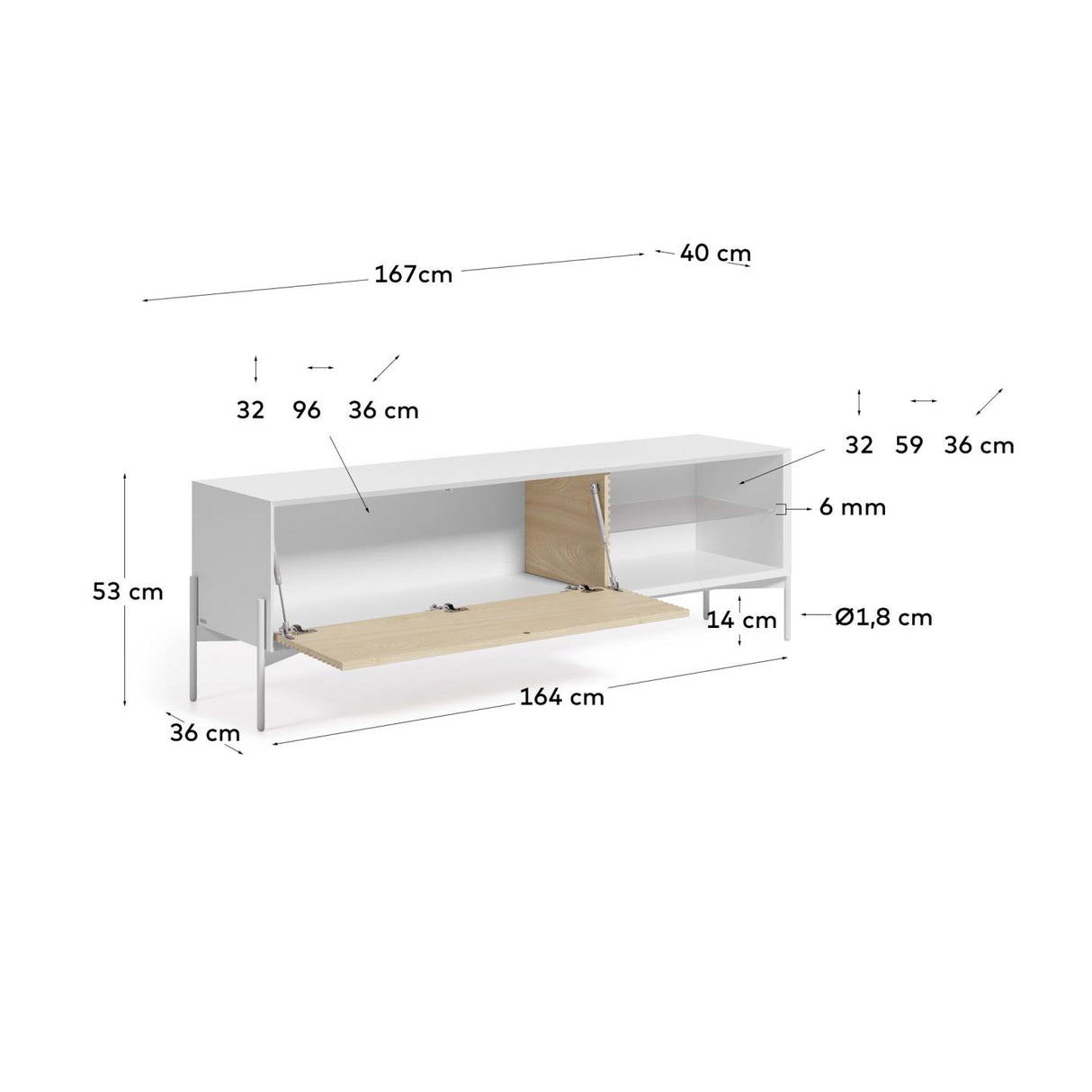 Marielle TV-Schrank 1 Türe Eschenfurnier weiße Lackierung Metall in Weiß 167 x 53 cm - ZEN ZONE