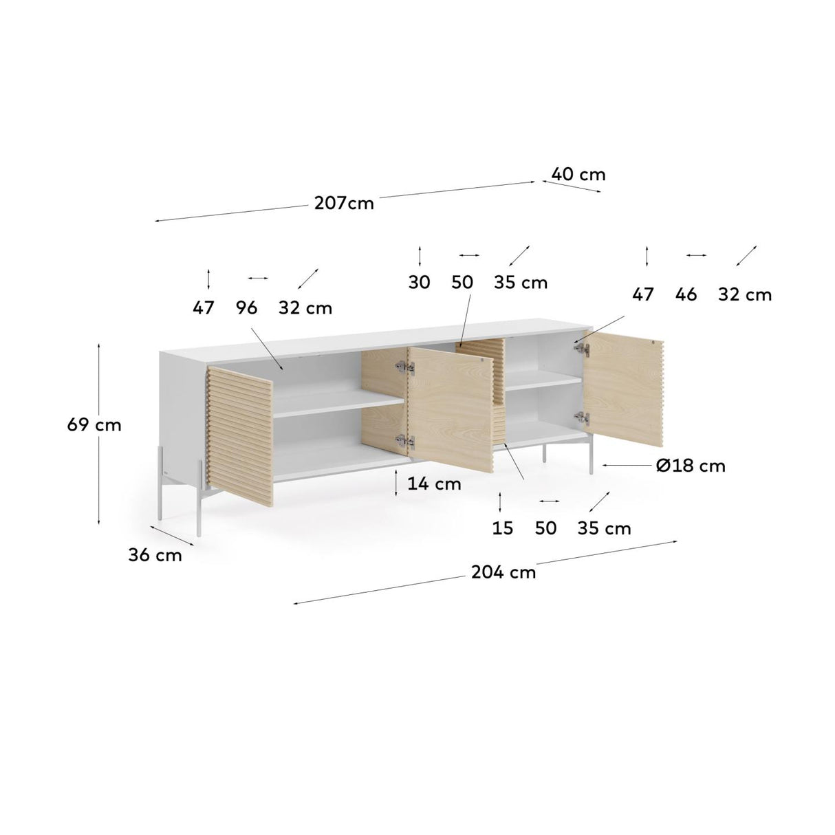 Marielle Sideboard 3 Türen 1 Schublade Eschenfurnier lackiert Metall in Weiß 207 x 69 cm - ZEN ZONE