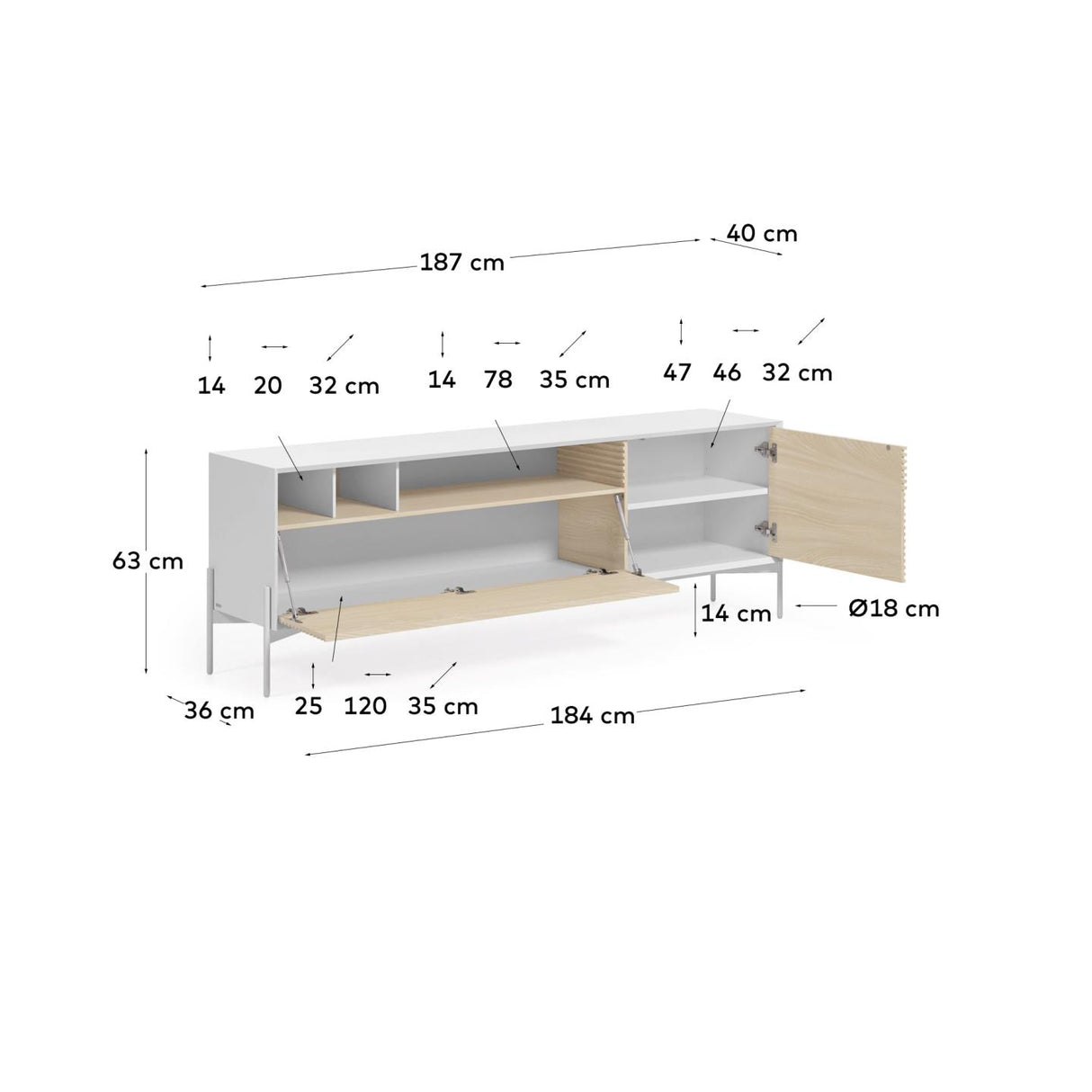 Marielle TV-Schrank 2 Türen Eschenfurnier weiße Lackierung Metall in Weiß 187 x 63 cm - ZEN ZONE