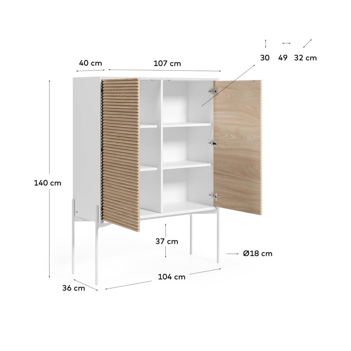 Marielle Sideboard 2 Türen Eschenfurnier weiße Lackierung und Metall in Weiß 107 x 140 cm - ZEN ZONE