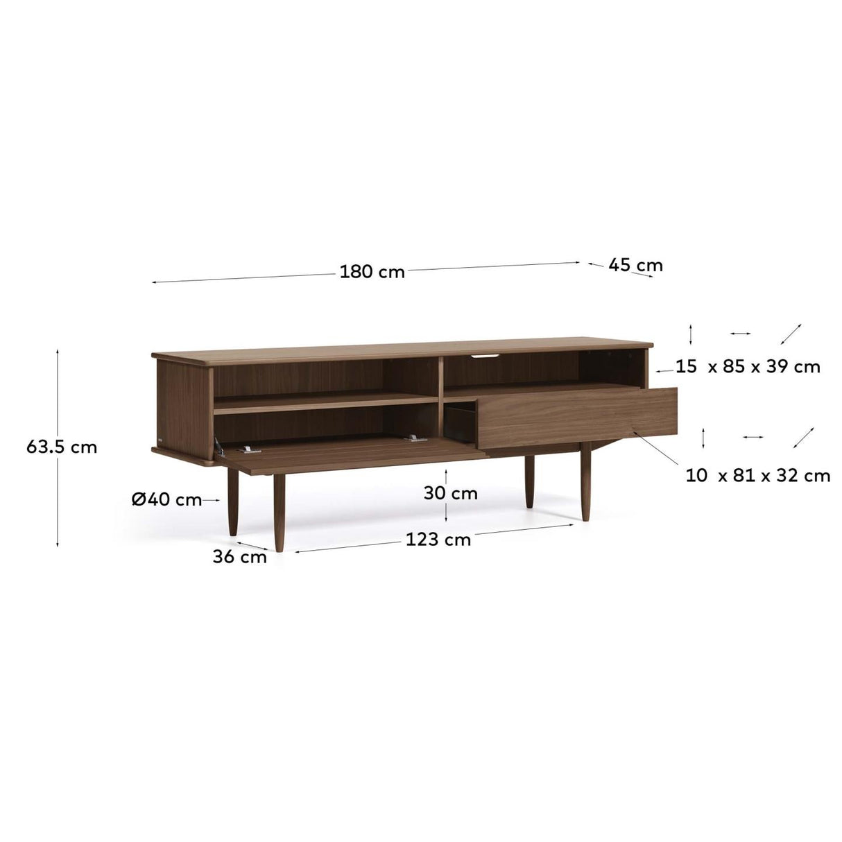 Carolin TV-Schrank 1 Türe und 1 Schublade aus Nussholzfurnier 180 x 63,5 cm - ZEN ZONE