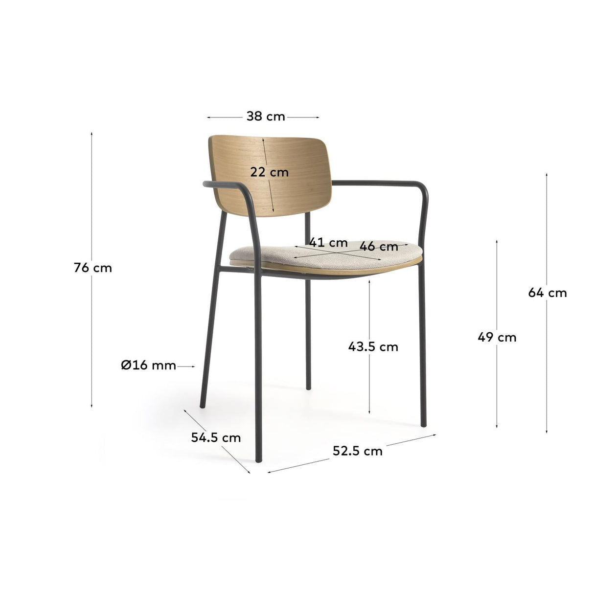 Stapelbarer Stuhl Maureen aus Pappelsperrholz mit warmem Farbton und schwarzen Metallbeinen, 100 % FSC - ZEN ZONE Furniture