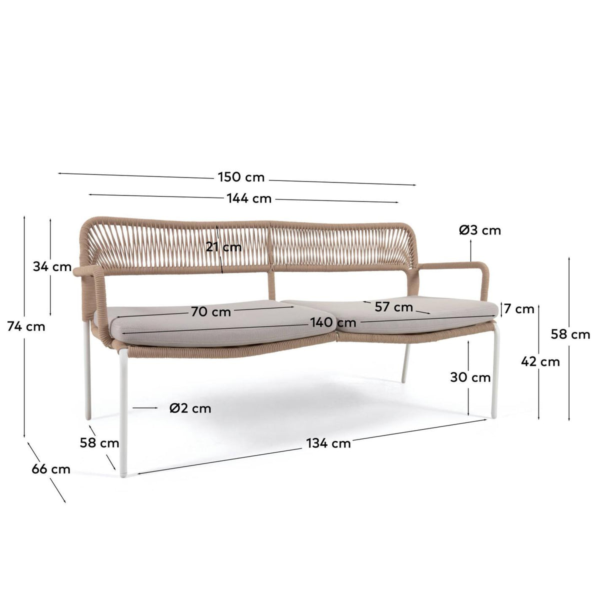 Cailin 2-Sitzer Sofa beiges Seil und verzinkte Stahlbeine weiß 150 cm - ZEN ZONE