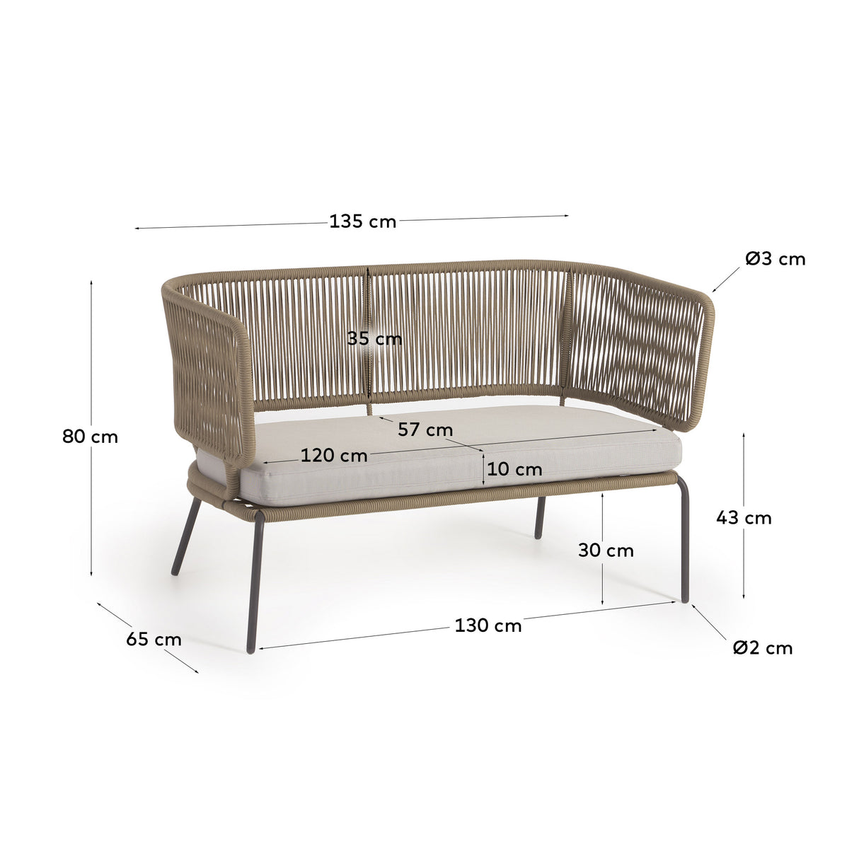 Nadin 2-Sitzer Sofa aus beigefarbenem Seil und Beinen aus verzinktem Stahl 135 cm - ZEN ZONE