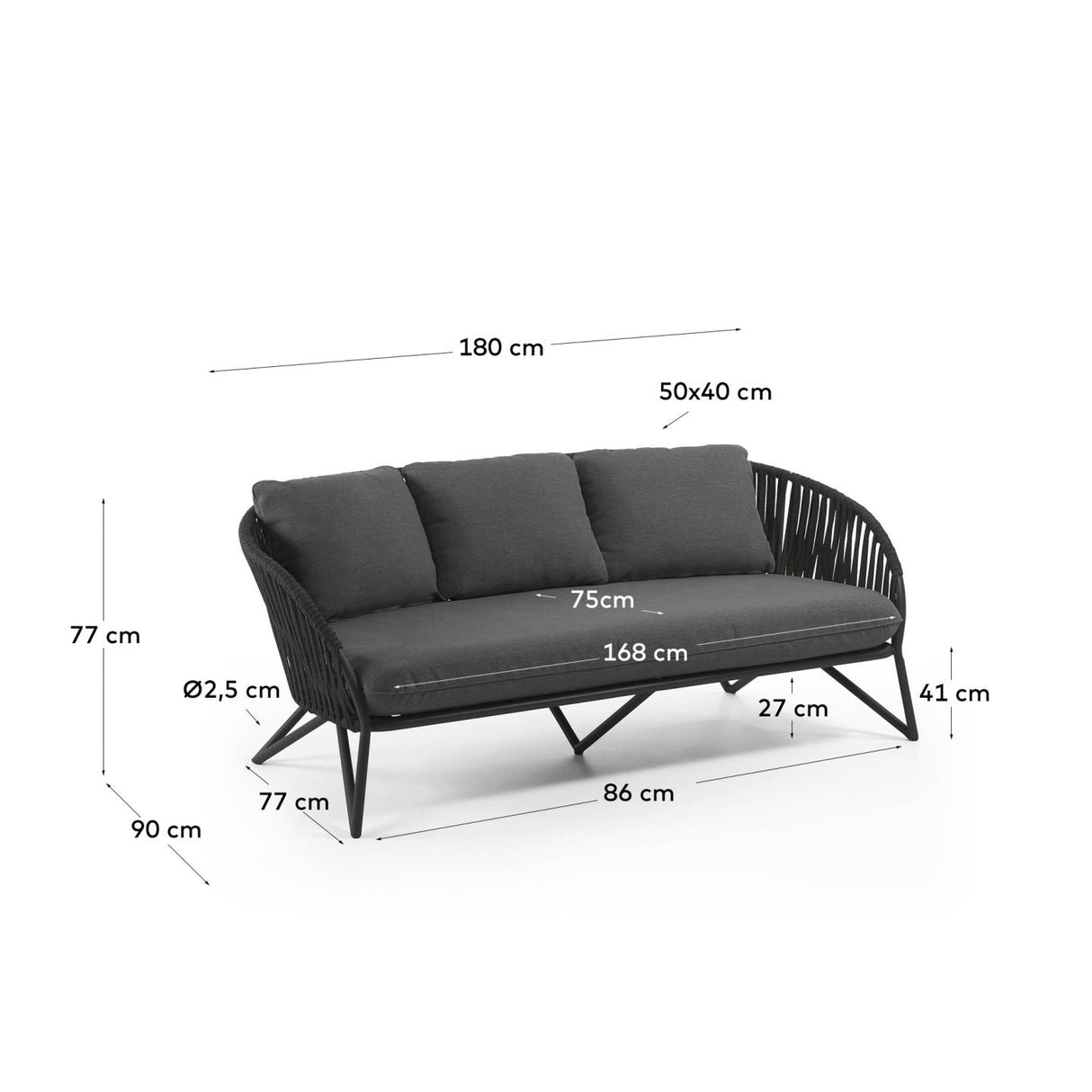 Branzie 3-Sitzer-Sofa aus schwarzem Seil 180 cm - ZEN ZONE Furniture