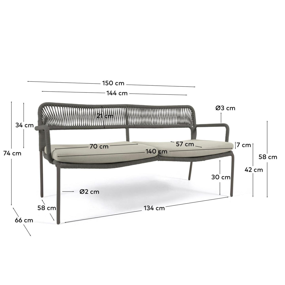 Cailin 2-Sitzer Sofa grünes Seil und verzinkte Stahlbeine dunkelgrün 150 cm - ZEN ZONE