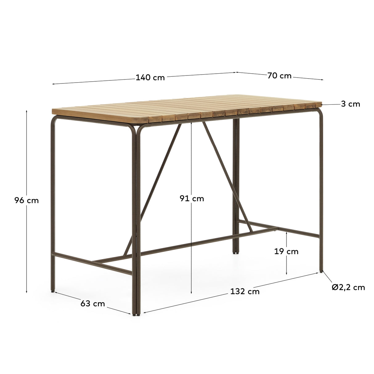 Salguer Hochtisch Outdoor massives Akazienholz Stahl in Braun 140 x 70 cm FSC 100% - ZEN ZONE Furniture