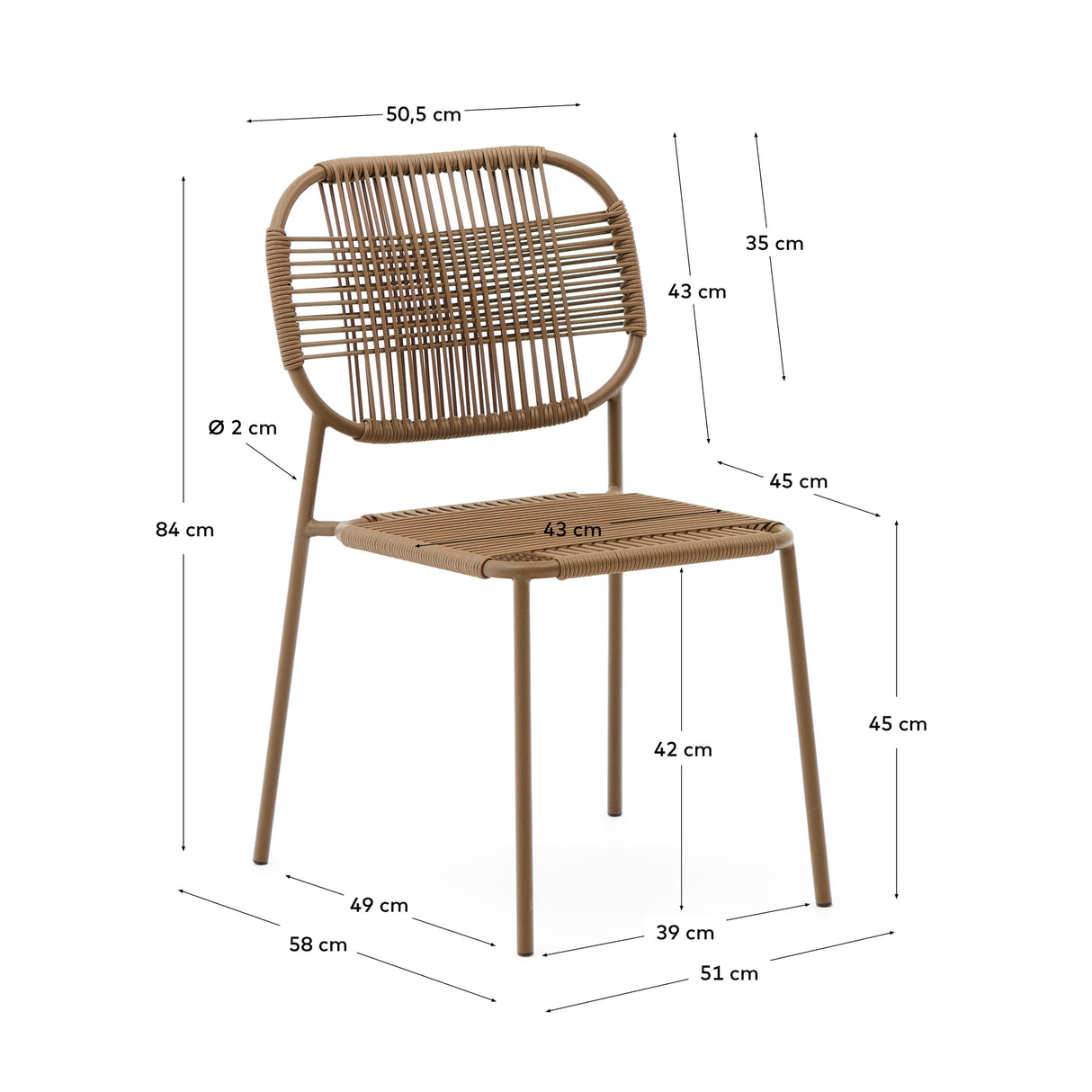 Talaier Outdoor Stuhl stapelbar aus synthetischem Seil und verzinktem Stahl braunes Finish - ZEN ZONE Furniture