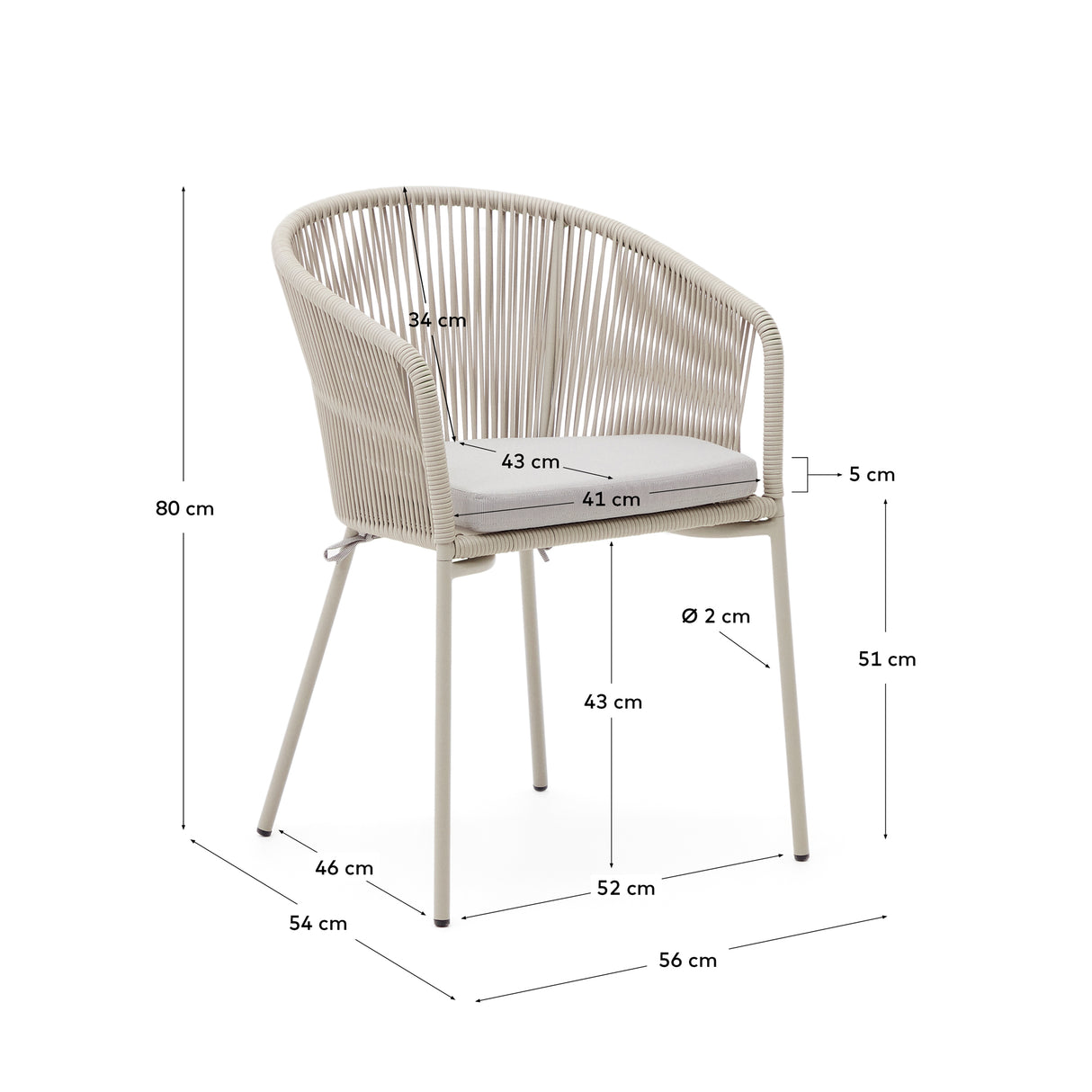 Yanet Stuhl aus synthetischem Seil in Ecru und Beine aus verzinktem Stahl - ZEN ZONE Furniture