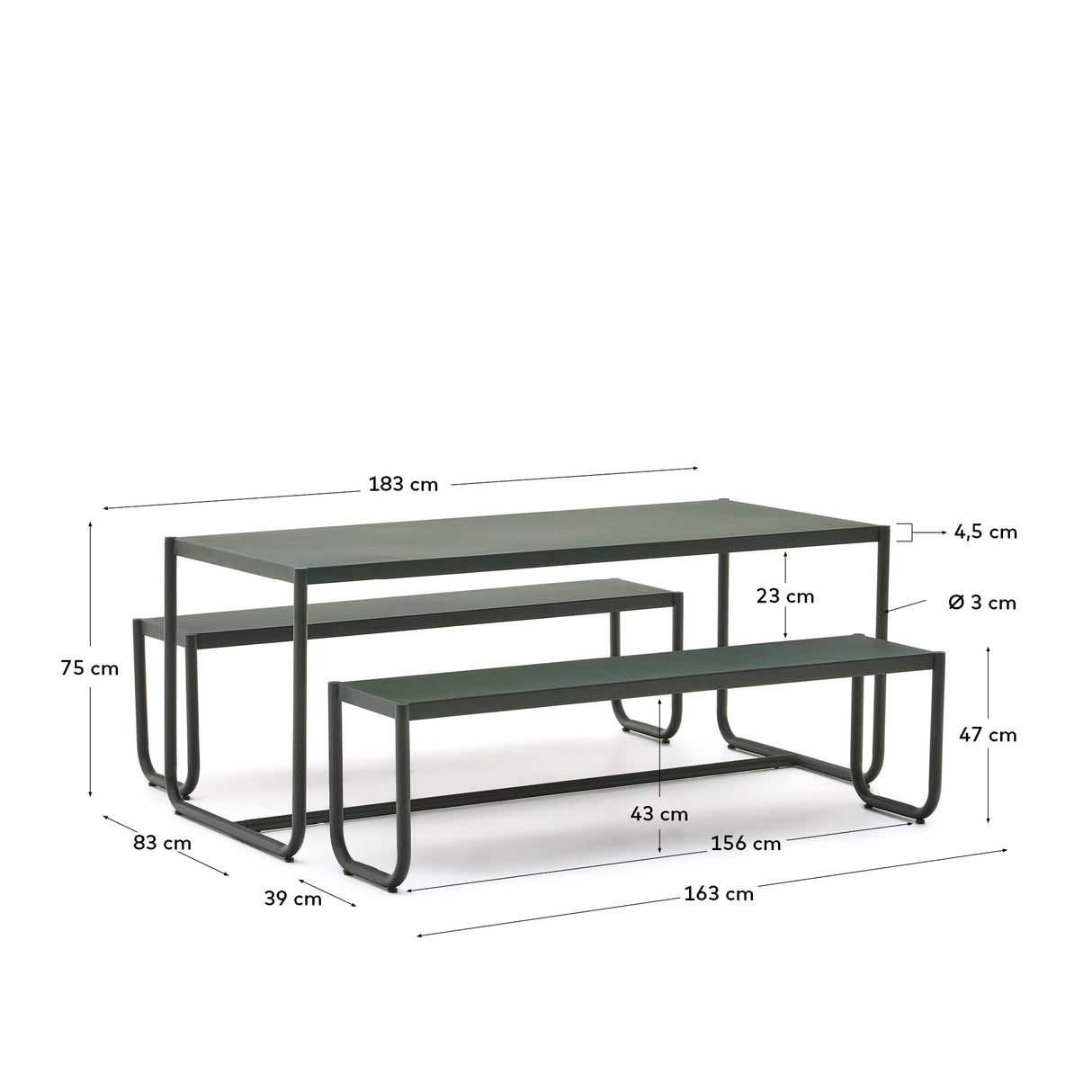 Sotil Set aus 2 Bänken und Tisch aus verzinktem Stahl mit grünem Finish 183 x 83 cm - ZEN ZONE Furniture