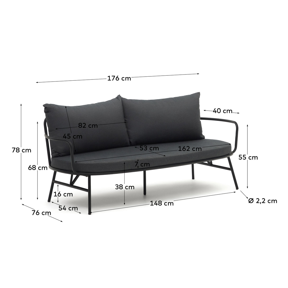 Bramant 2-Sitzer-Sofa aus Stahl mit schwarzem Finish 175,5 cm - ZEN ZONE Furniture