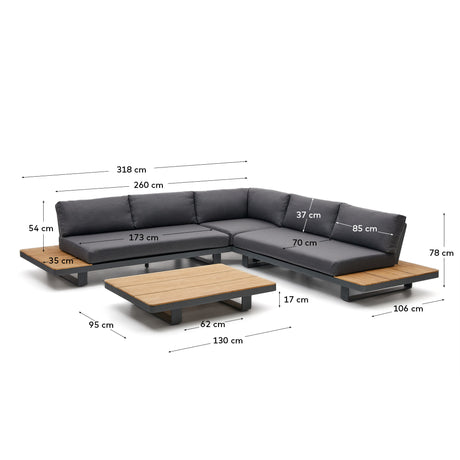 Tosqueta Set 5-Sitzer-Ecksofa und Tisch aus Aluminium und massivem Teakholz FSC 100% - ZEN ZONE Furniture