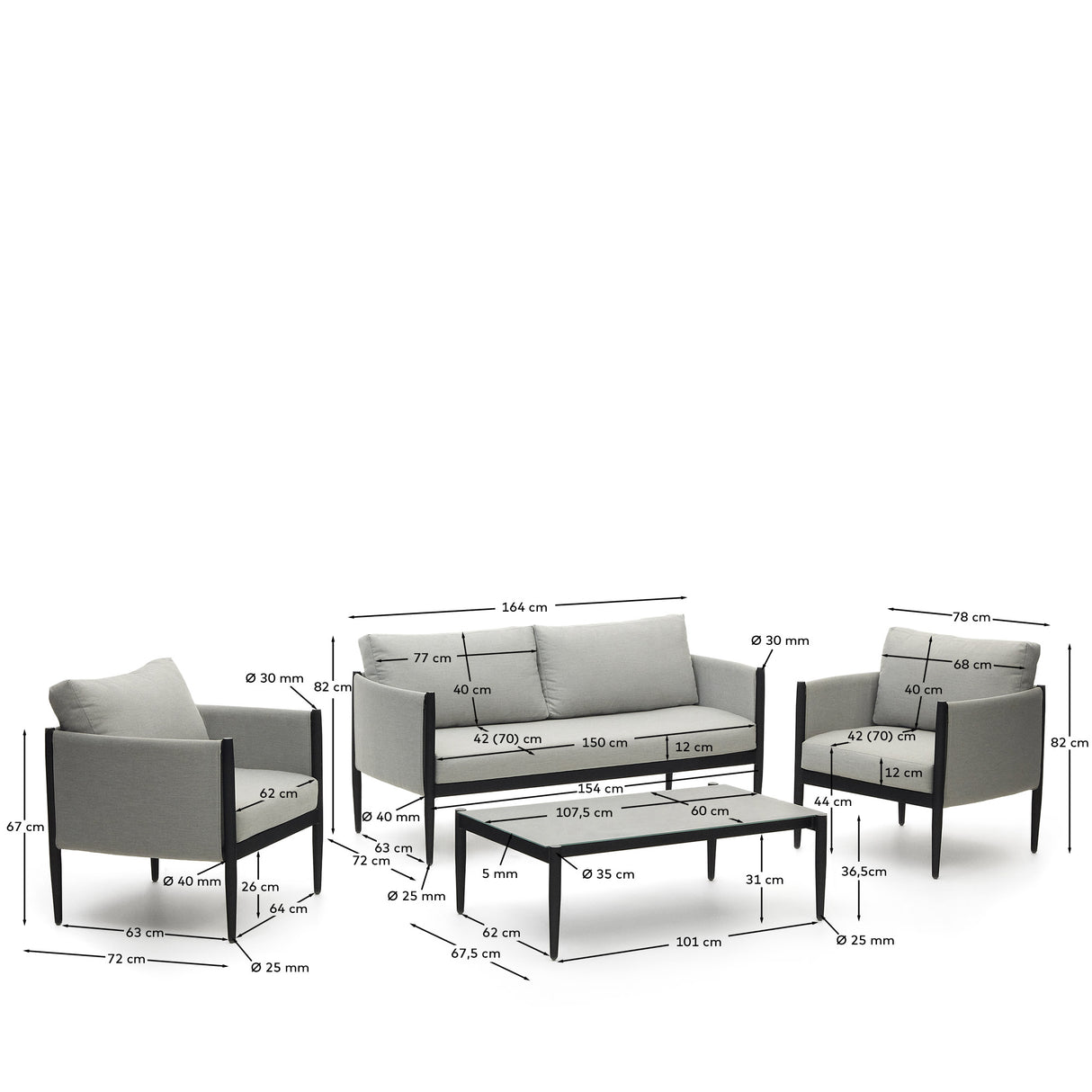 Satuna Set aus 2-Sitzer-Sofa, 2 Sesseln und Couchtisch aus Metall mit mattem Finish - ZEN ZONE