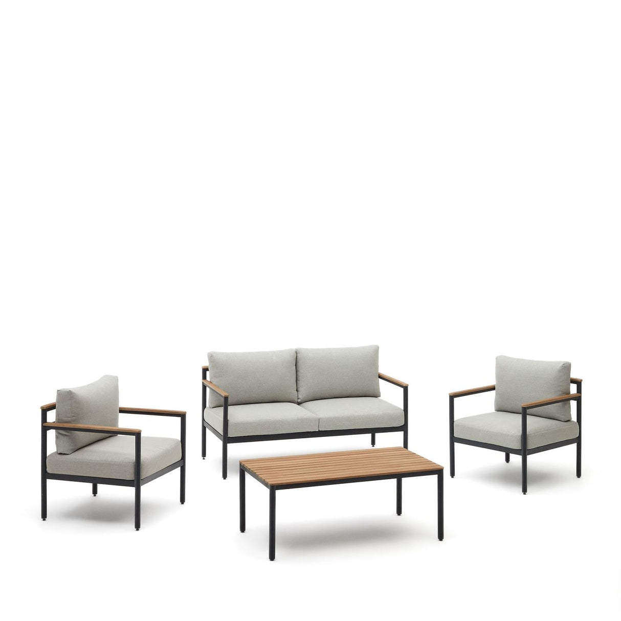 Aiguafreda Set 2-Sitzer-Sofa 2 Sesseln + Couchtisch Alu grau massives Akazienholz 100% FSC - ZEN ZONE