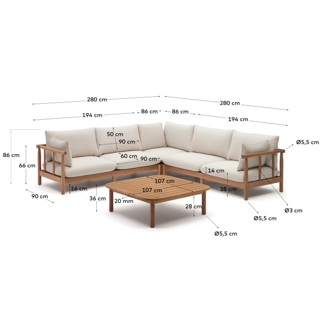 Sacova Set 5-Sitzer-Ecksofa und Couchtisch aus massives Eukalyptusholz 100% FSC - ZEN ZONE