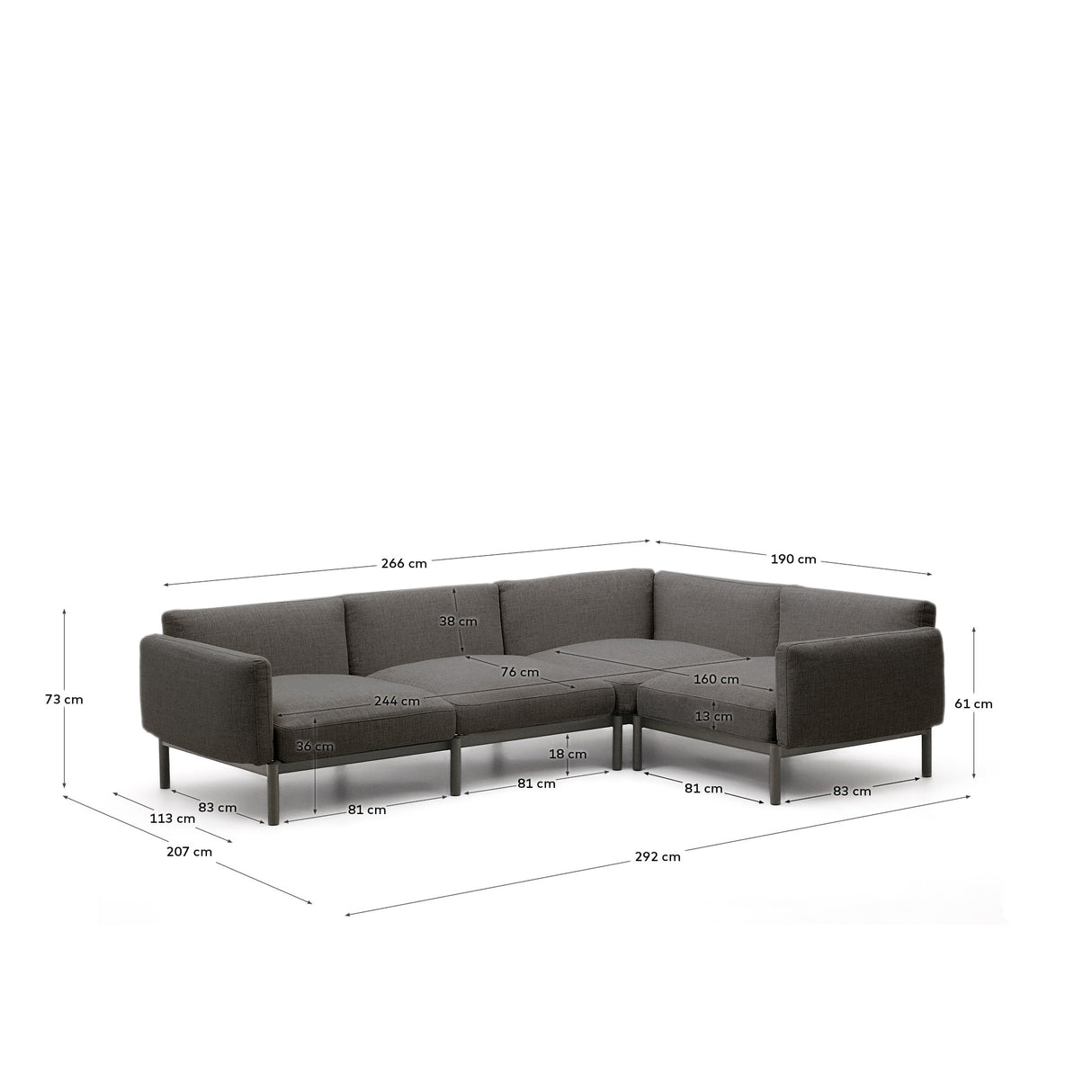 Modulares 5-Sitzer-Ecksofa für Outdoor Sorells Polsterung und Aluminium in Grau 276x191,5cm - ZEN ZONE Furniture