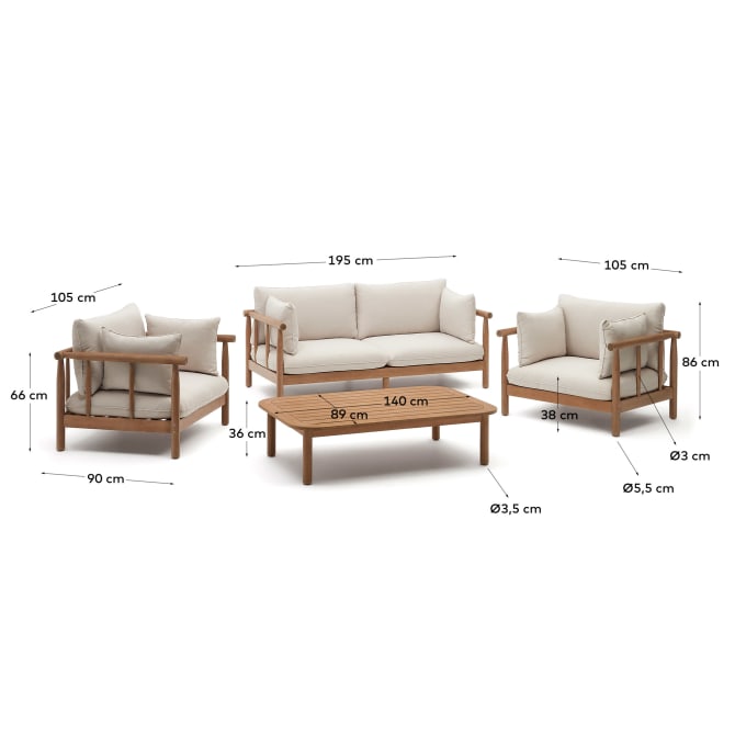 Sacova Set 2 Sesseln, 2-Sitzer-Sofa und Couchtisch massives Eukalyptusholz 100% FSC - ZEN ZONE