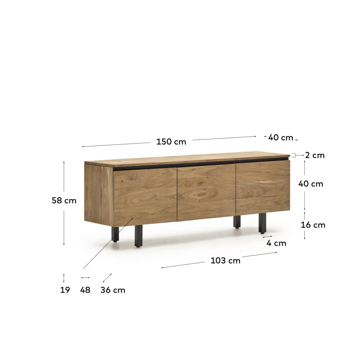 Uxue TV-Möbel 3-türig aus massivem Akazienholz mit natürlichem Finish 150 x 58 cm - ZEN ZONE