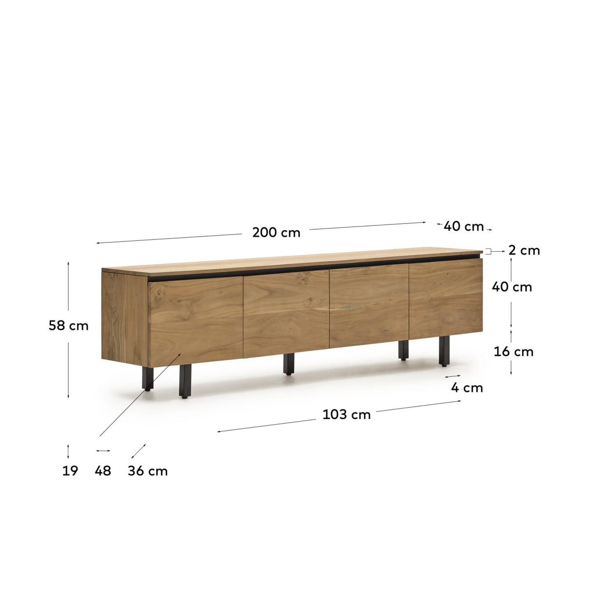 Uxue TV-Möbel 4-türig aus massivem Akazienholz mit natürlichem Finish 200 x 58 cm - ZEN ZONE