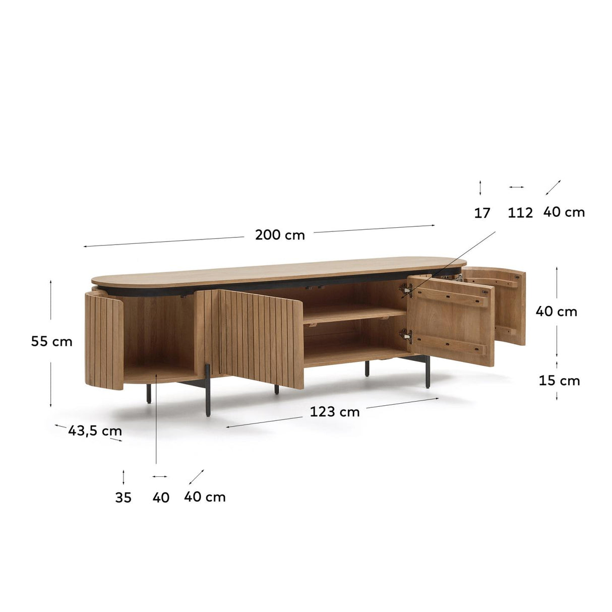 Licia TV-Möbel 4 Türen aus massivem Mangoholz und schwarz lackiertem Metall 200 x 55 cm - ZEN ZONE