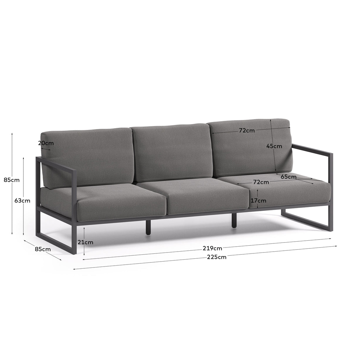 Comova 3-Sitzer-Sofa 100% outdoor dunkelgrau und aus schwarzem Aluminium 222 cm - ZEN ZONE Furniture