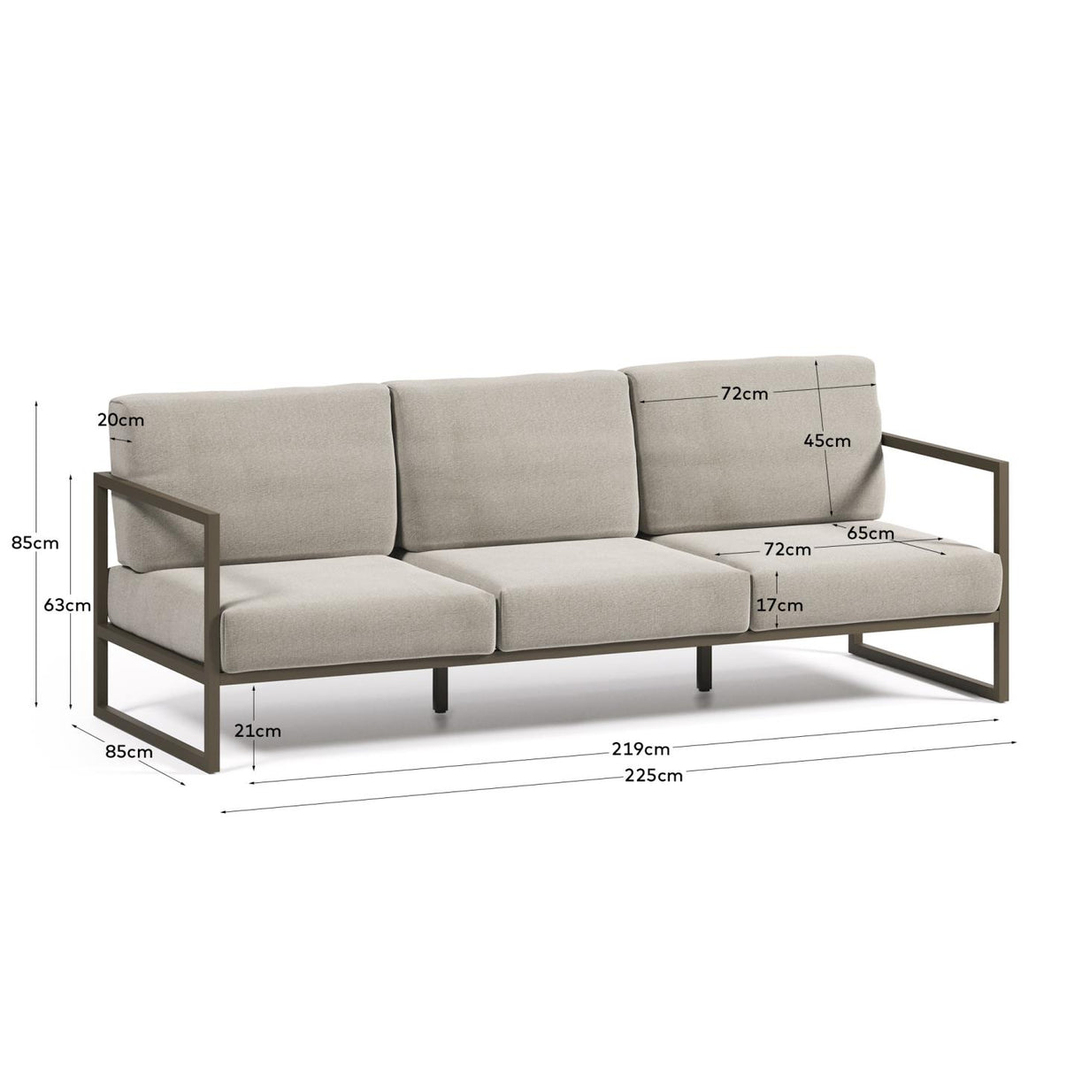 Comova 3-Sitzer Sofa 100% outdoor hellgrau und Aluminium grün 222 cm - ZEN ZONE