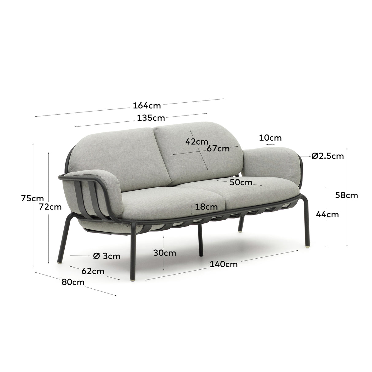 Joncols 2-Sitzer-Gartensofa aus Aluminium mit Finish in Grau 165 cm - ZEN ZONE Furniture