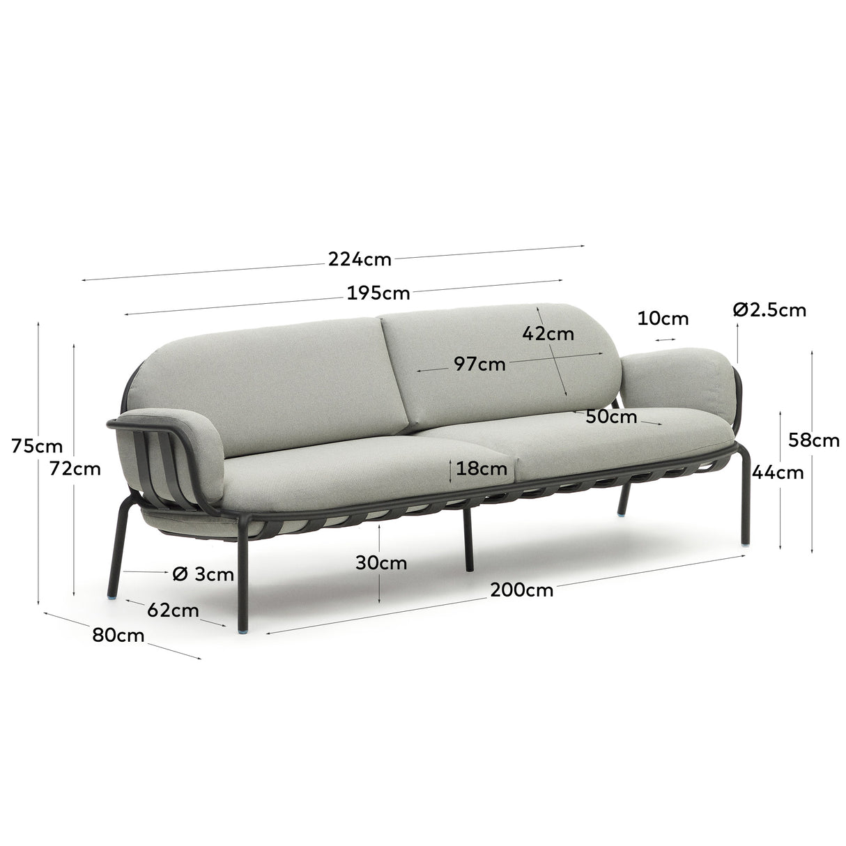 Joncols 3-Sitzer-Gartensofa aus Aluminium mit Finish in Grau 225 cm - ZEN ZONE Furniture