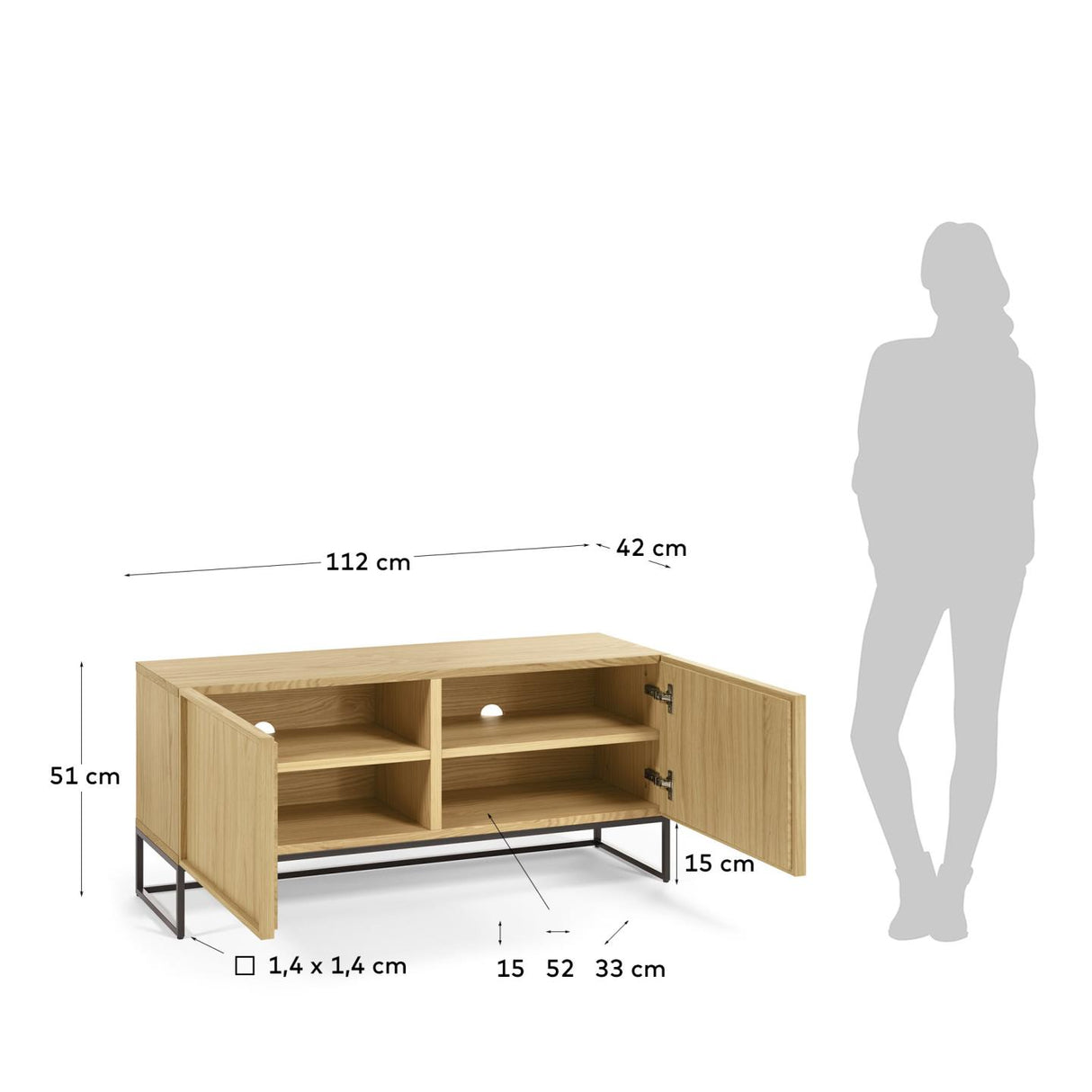 Taiana TV-Schrank 2 Türen Eichenfurnier und Stahlgestell mit schwarzem Finish 112 x 51 cm - ZEN ZONE