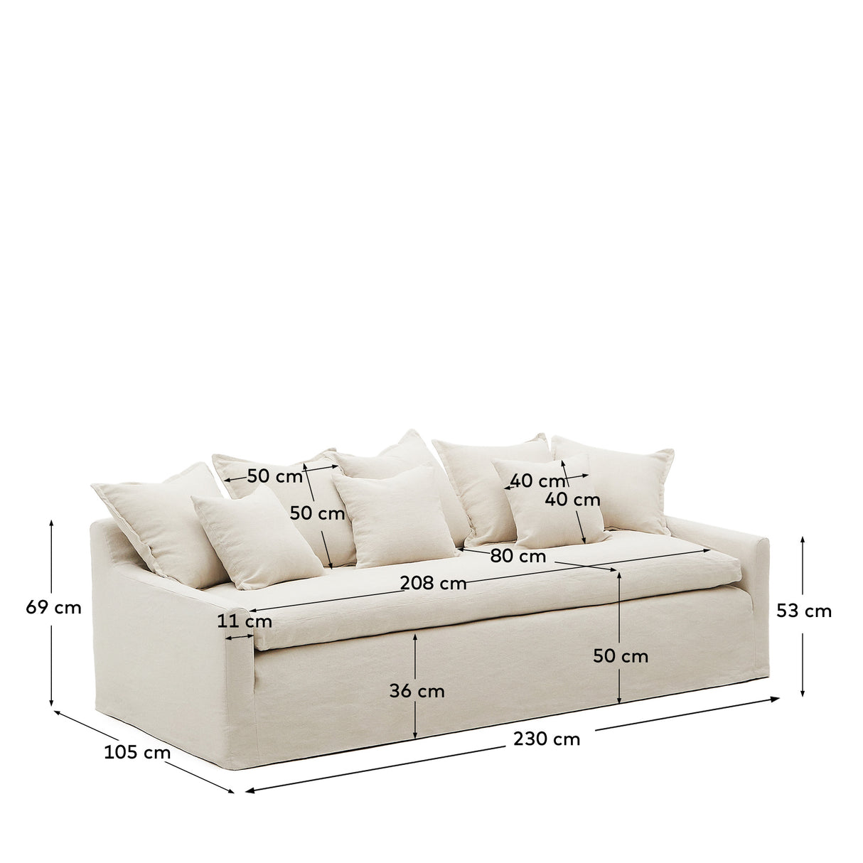 Zenira 3-Sitzer-Sofa mit abnehmbarem Bezug und Kissen aus Baumwolle und Leinen beige 230 cm - ZEN ZONE Furniture