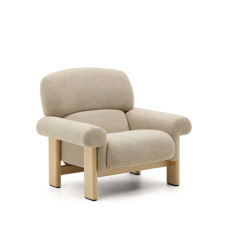 Sessel Nema aus beigefarbenem Chenille und Beinen aus massivem Eschenholz mit natürlichem Finish FSC 100% - ZEN ZONE Furniture